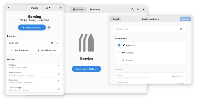 Intégration de Bottles qui permet d'avoir un environnement bac à sable pour les applications Windows