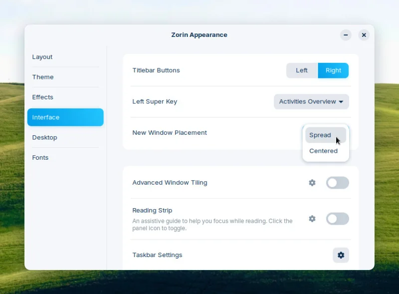 Nouvelle option pour le placement des fenêtres dans Zorin Appearance