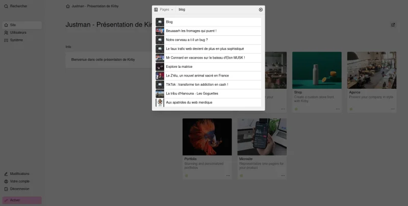 La recherche sur l'interface d'administration de Kirby 4