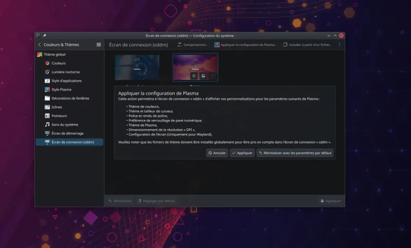 Appliquer la configuration de Plasma pour l'écran de connexion