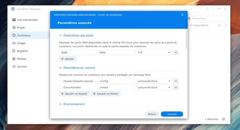 Deuxième étape pour installer Karaoke Manager sur le container Manager de Synology