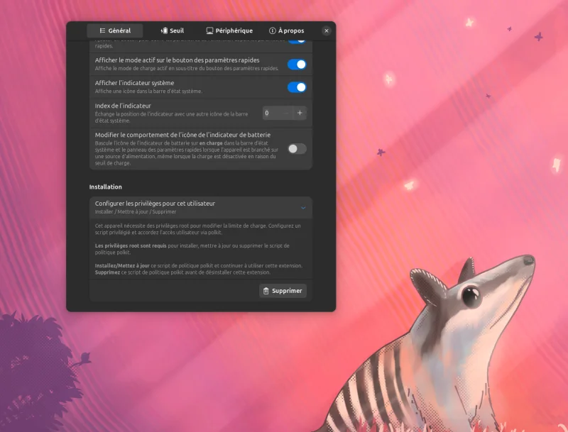 Installer le script pour les privilèges pour l'extension gnome Battery Health Charging